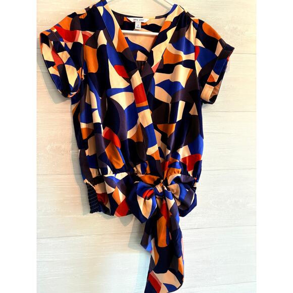 Nine West Short Sleeve Faux Wrap Tie Waist Multicolor Geo Blouse-Size S - Picture 3 of 5